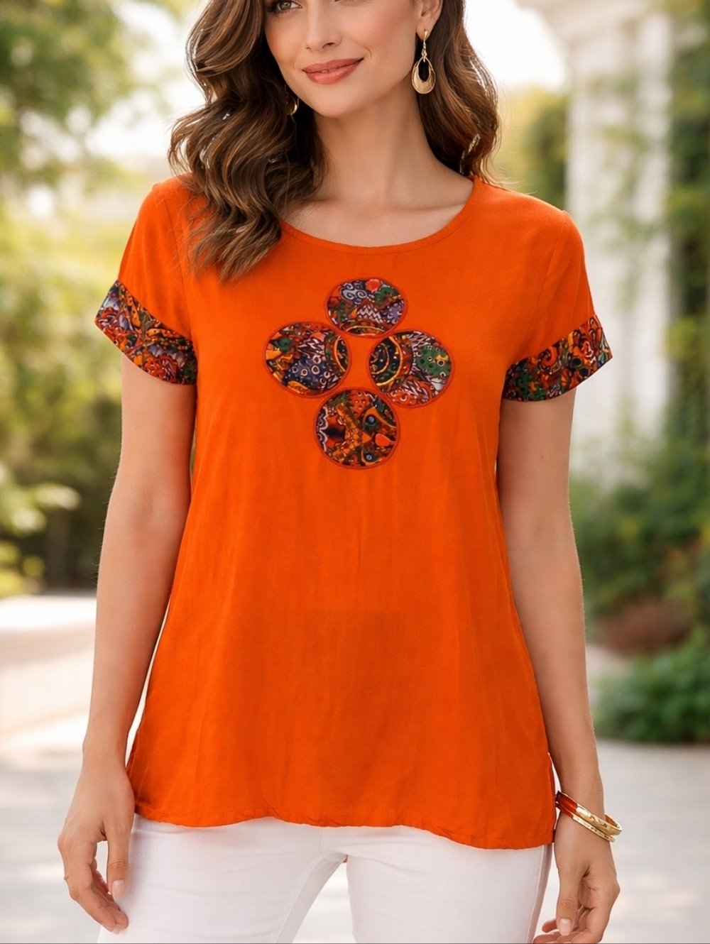 Vtg FUSION Orange Ethnic Short Sleeve High Low Top
